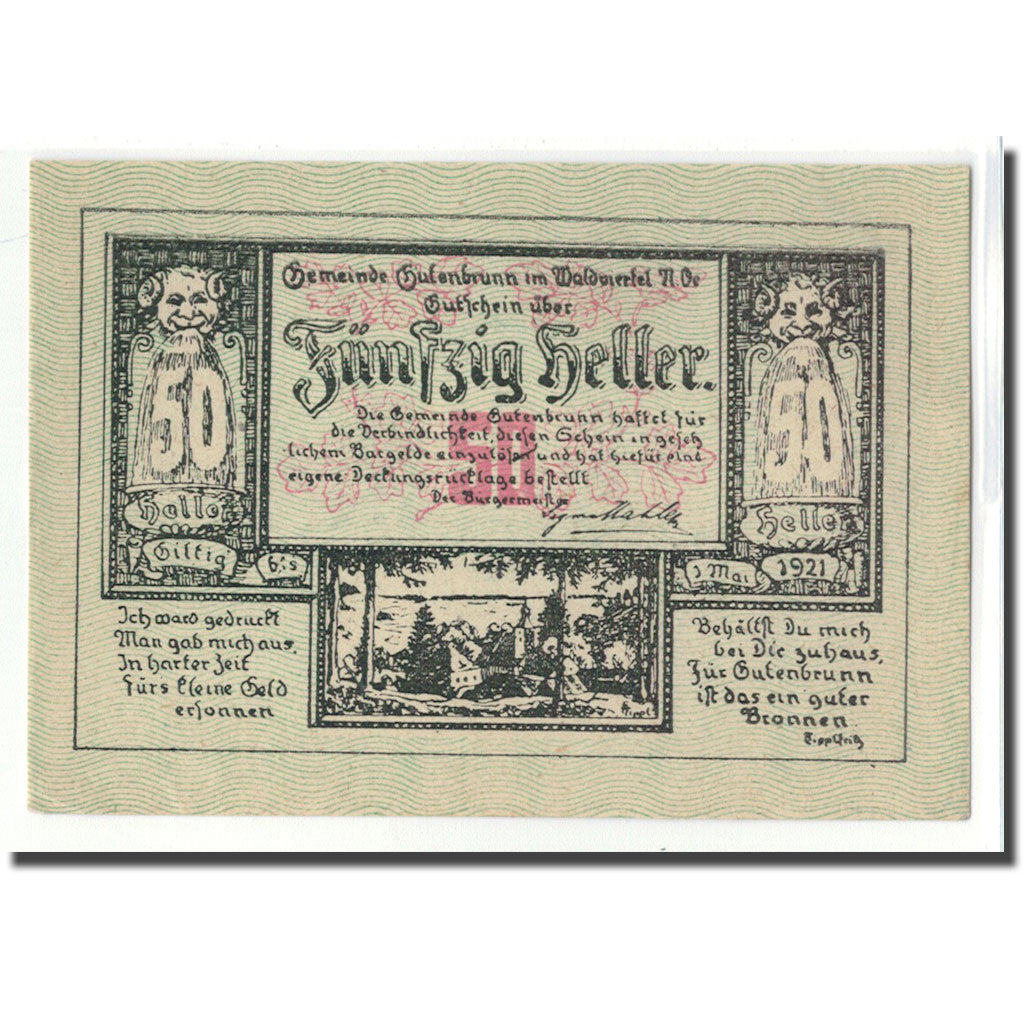 Banknot, Austria, Gutenbrunn, 50 Heller, valeur faciale 2, 1921, Undated