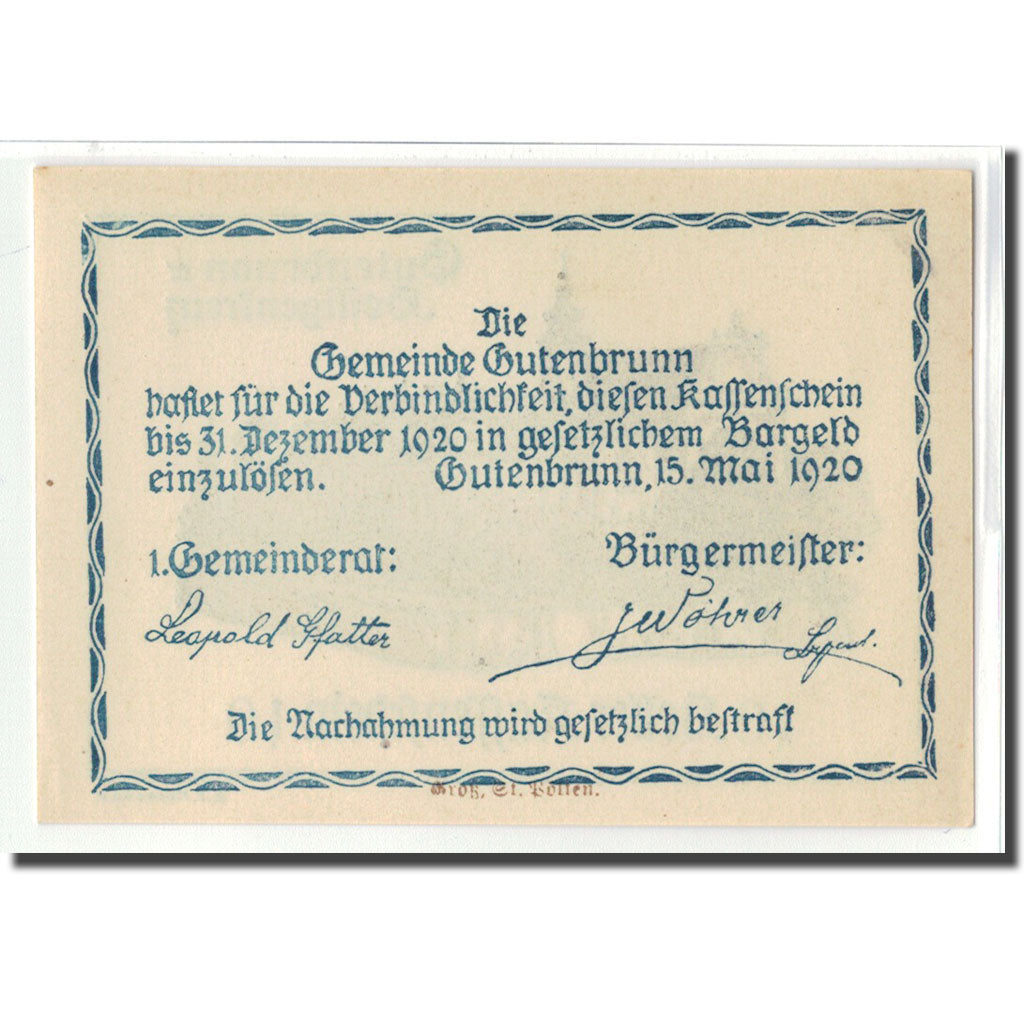 Banknot, Austria, Gutenbrunn, 10 Heller, Batiment, 1920, 1920-05-15, UNC(63)