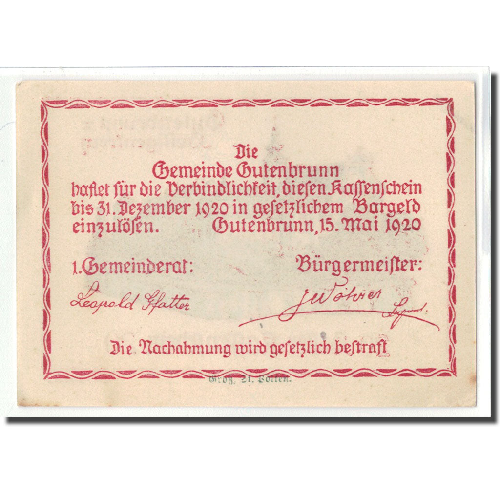 Banknot, Austria, Gutenbrunn, 20 Heller, batiment 1, 1920, 1920-05-15, UNC(63)