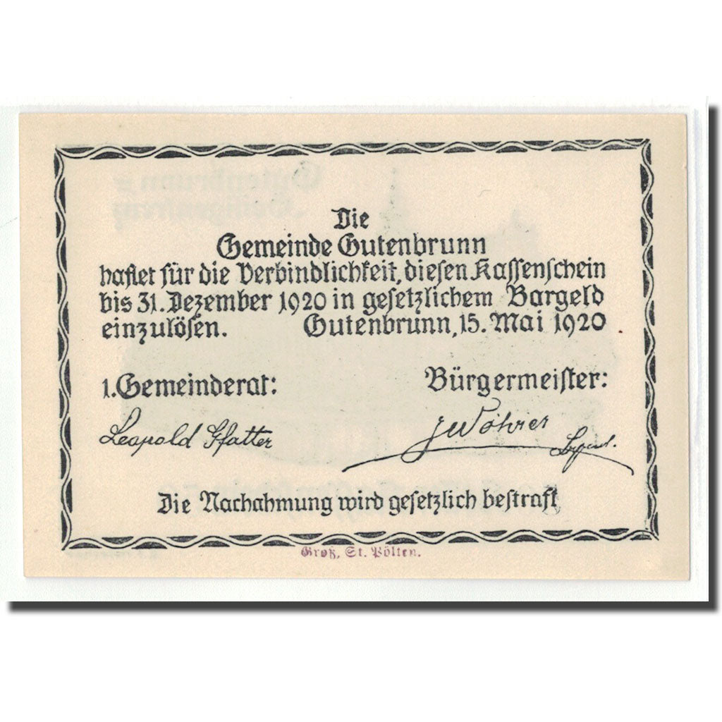 Banknote, Austria, Gutenbrunn, 50 Heller, batiment 2, 1920, 1920-05-15, UNC(63)