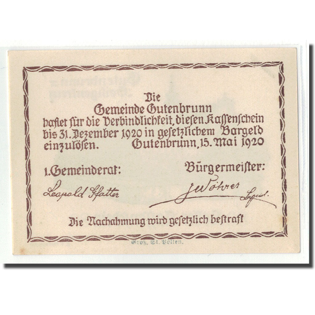 Banknote, Austria, Gutenbrunn, 80 Heller, batiment 3, 1920, 1920-05-15, UNC(63)