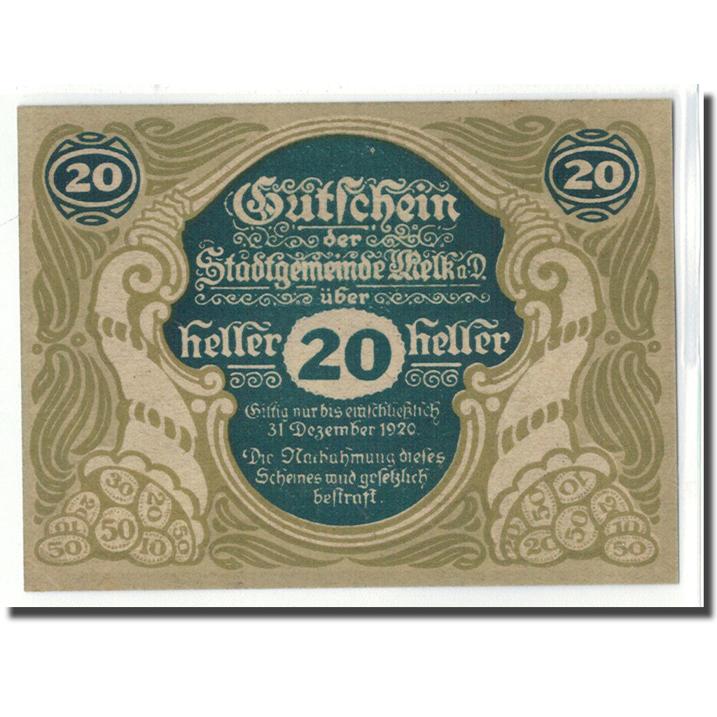Banknote, Austria, Melk, 20 Heller, paysage 1, 1920, UNC(63), Mehl:605II