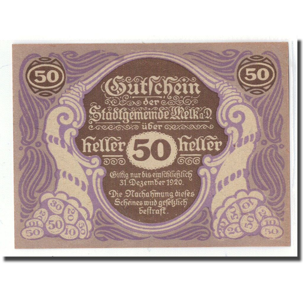 Banknot, Austria, Melk, 50 Heller, paysage 2, 1920, Undated, UNC(63), Mehl:605II