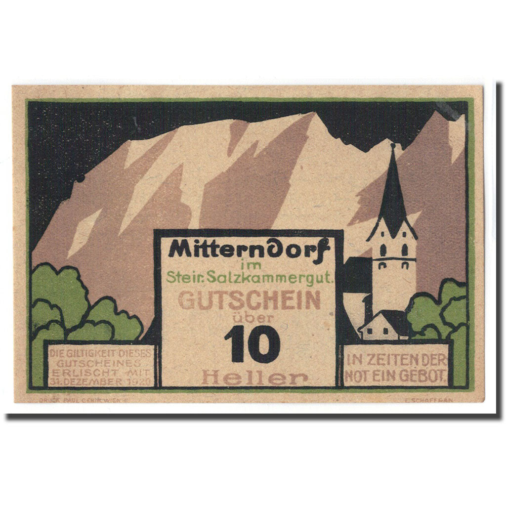 Biljet, Oostenrijk, Mitterndorf, 10 Heller, Texte, 1920, 1920-05-28, SPL