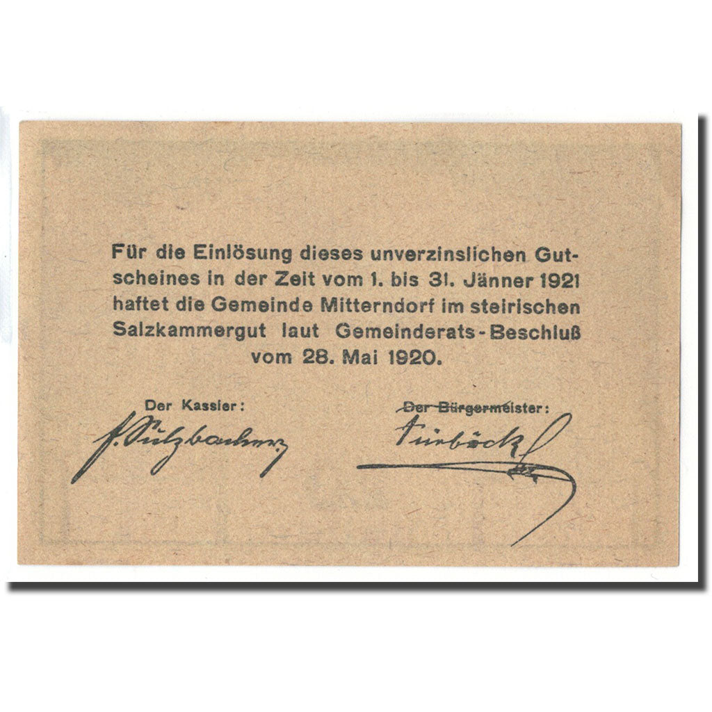 Banknote, Austria, Mitterndorf, 20 Heller, texte 1, 1920, 1920-05-28, UNC(63)
