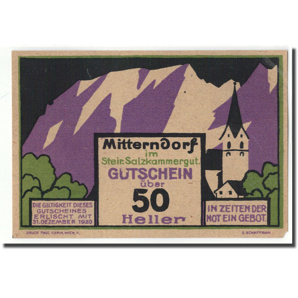 Banknot, Austria, Mitterndorf, 50 Heller, Texte 2, 1920, 1920-05-28, UNC(63)