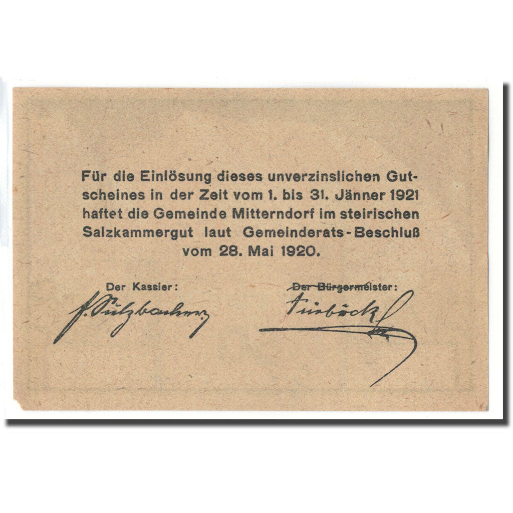 Banknot, Austria, Mitterndorf, 50 Heller, Texte 2, 1920, 1920-05-28, UNC(63)