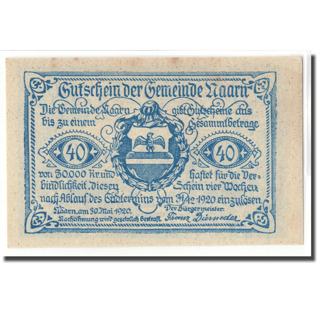 Banknot, Austria, Naarn O.Ö. Gemeinde, 40 Heller, paysage, 1920, 1920-05-30