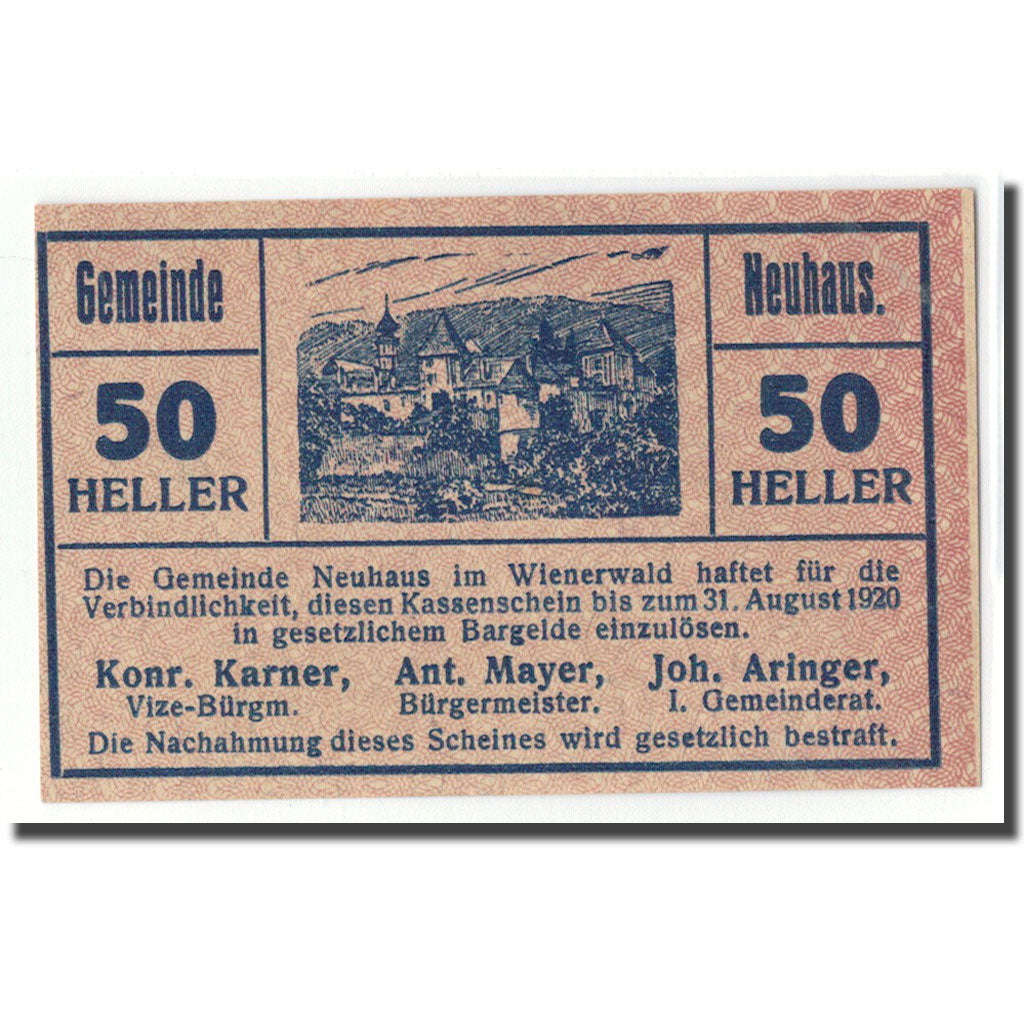 Billet, Autriche, Neuhaus N.Ö. Gemeinde, 50 Heller, N.D, 1920, SPL, Mehl:646a