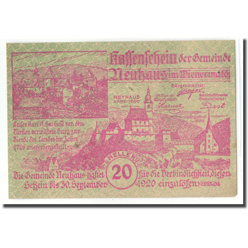 Banknote, Austria, Neuhaus N.Ö. Gemeinde, 20 Heller, N.D, 1920, UNC(63)