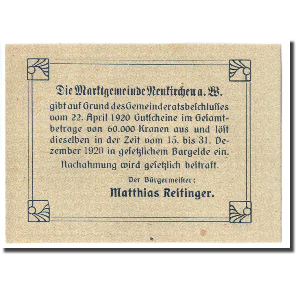 Banknot, Austria, Neukirchen am Walde O.Ö. Marktgemeinde, 10 Heller, Texte