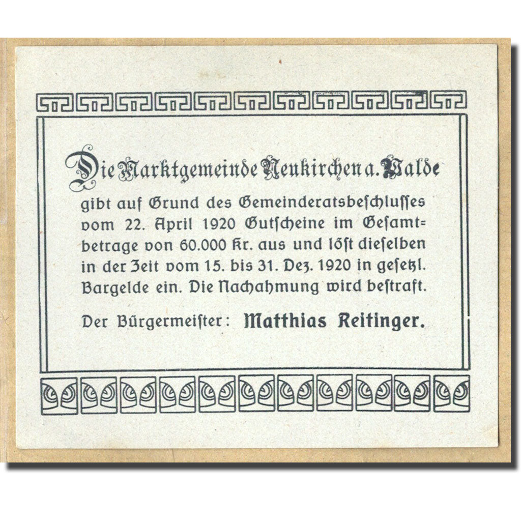 Billete, Austria, Neukirchen am Walde O.Ö. Marktgemeinde, 50 Heller, Texte 2