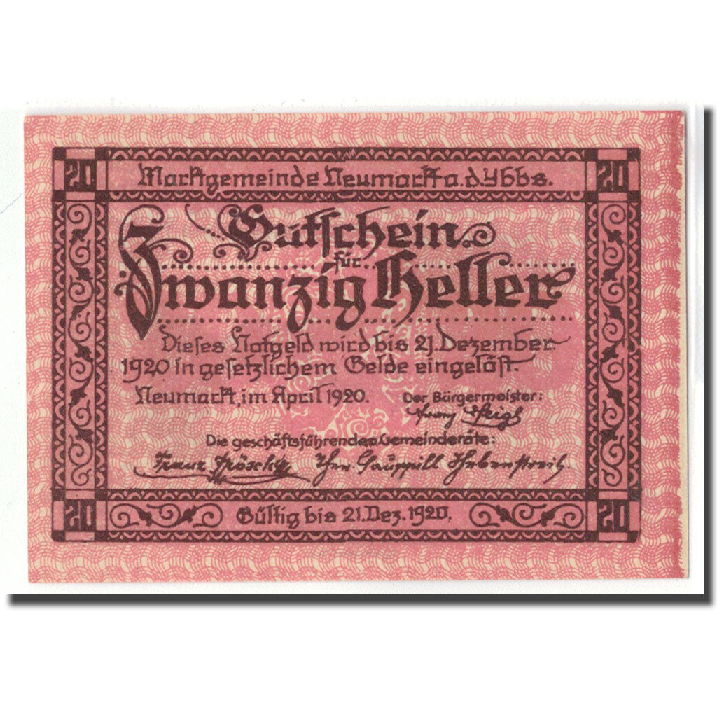 Banknot, Austria, Neumarkt an der Ybbs N.Ö. Marktgemeinde, 20 Heller, village