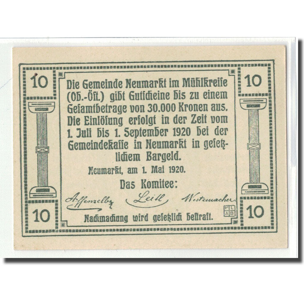 Banknot, Austria, Neumarkt im Mühlkreis O.Ö. Gemeinde, 10 Heller, valeur