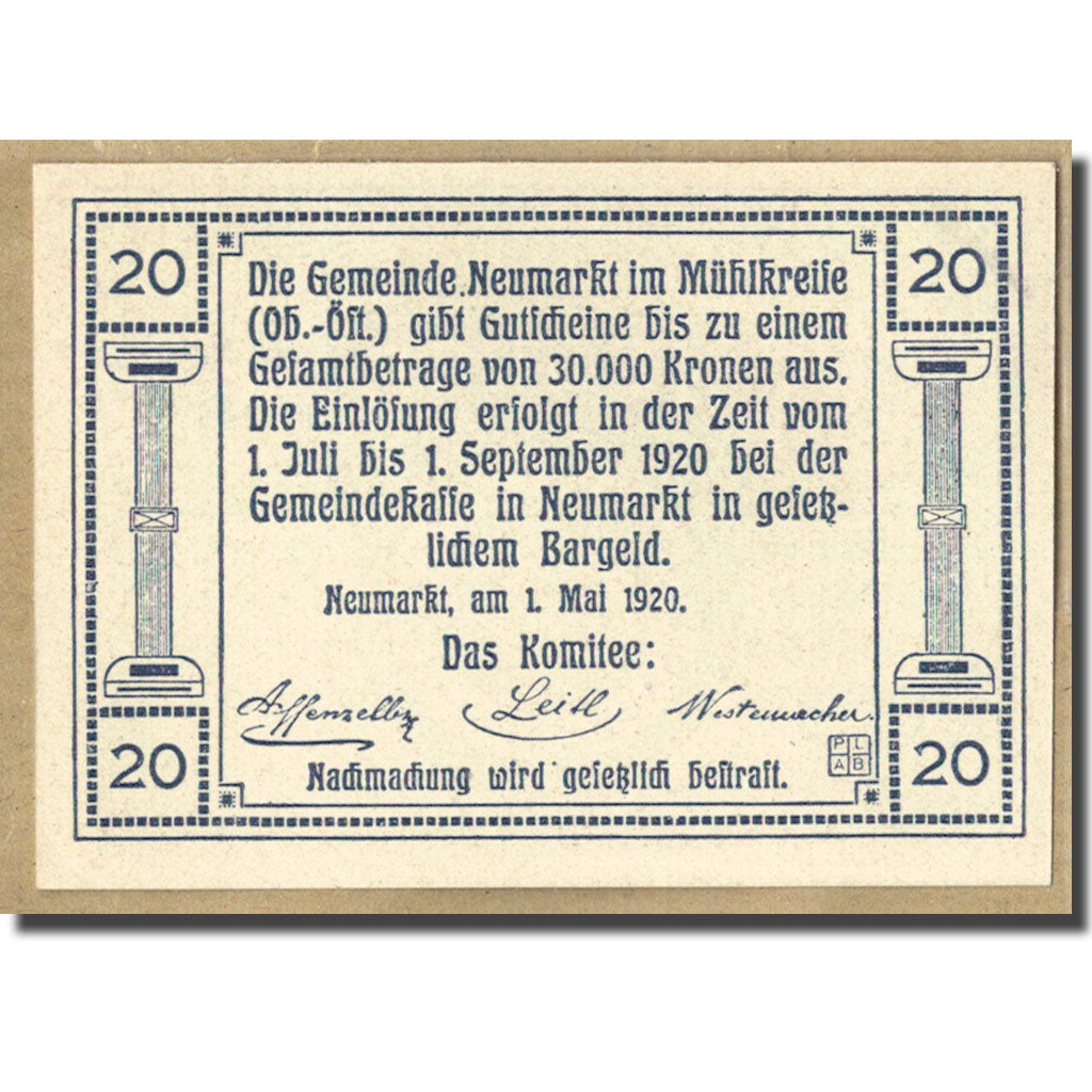 Banknot, Austria, Neumarkt im Mühlkreis O.Ö. Gemeinde, 20 Heller, valeur