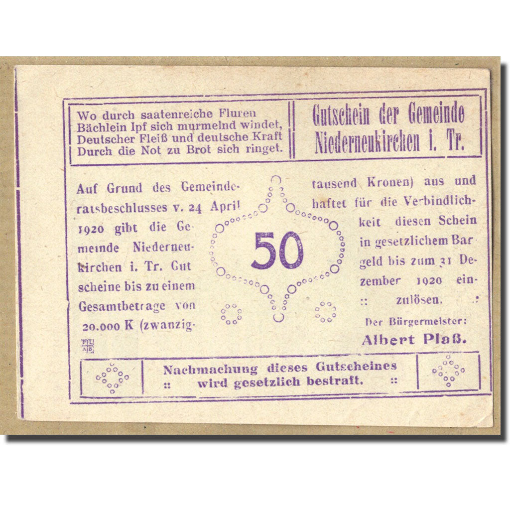Banknot, Austria, Niederneukirchen im Traunkreis O.Ö. Gemeinde, 50 Heller
