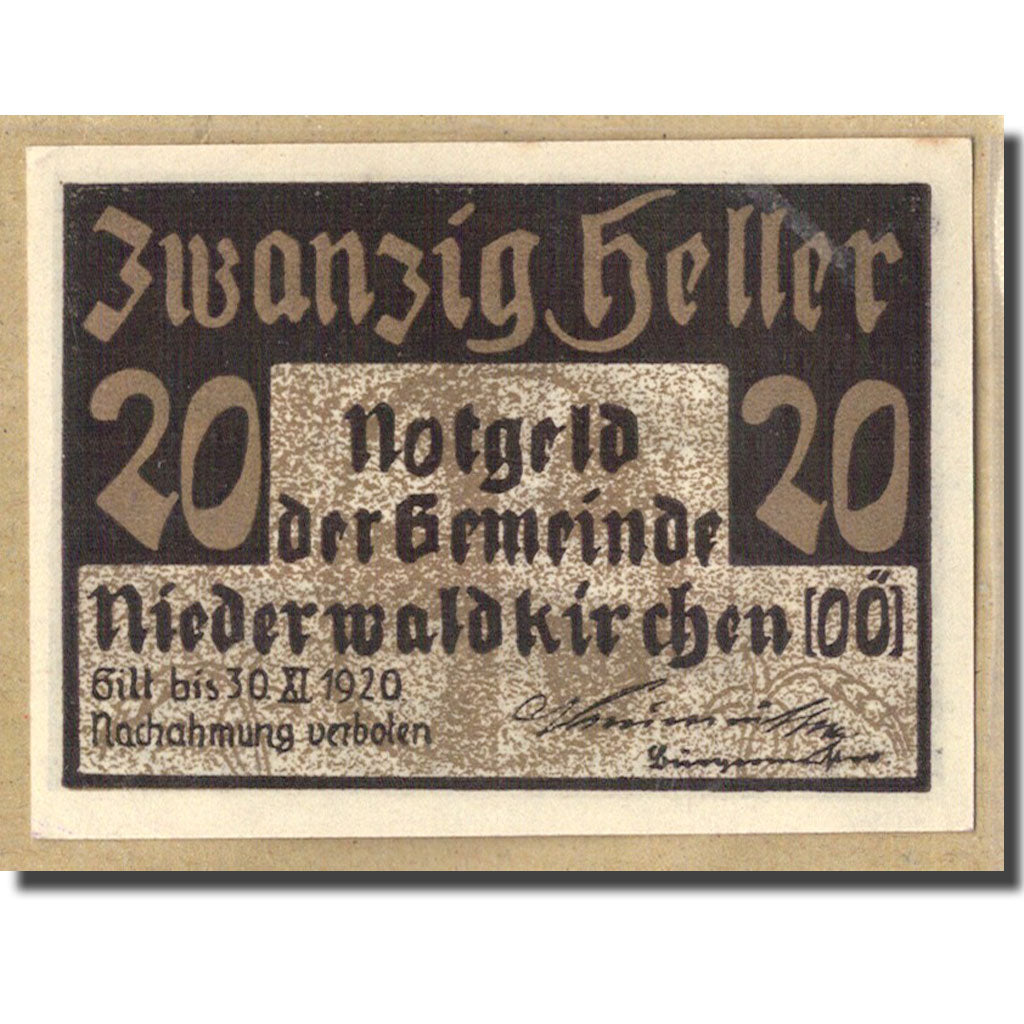 Banknot, Austria, Niederwaldkirchen O.Ö. Gemeinde, 20 Heller, village, 1920
