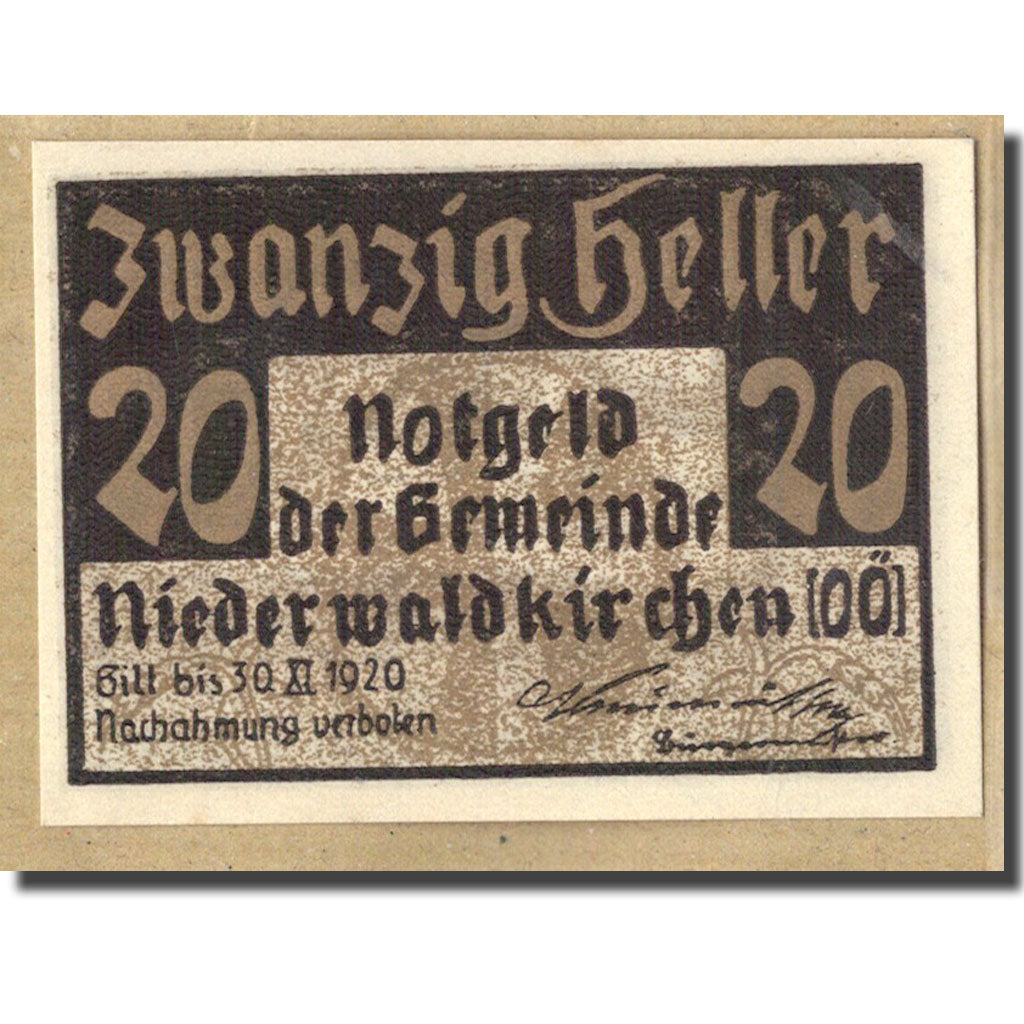 Banknote, Austria, Niederwaldkirchen O.Ö. Gemeinde, 20 Heller, village 1, 1920