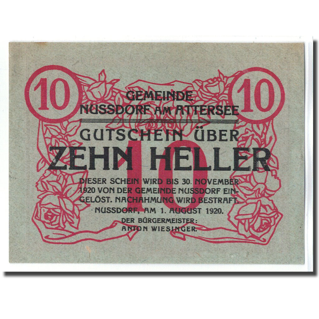 Billete, Austria, Nussdorf am Attersee O.Ö. Gemeinde, 10 Heller, bateau, 1920