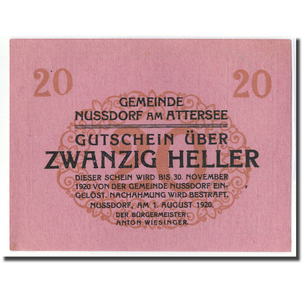Banknot, Austria, Nussdorf am Attersee O.Ö. Gemeinde, 20 Heller, Eglise, 1920