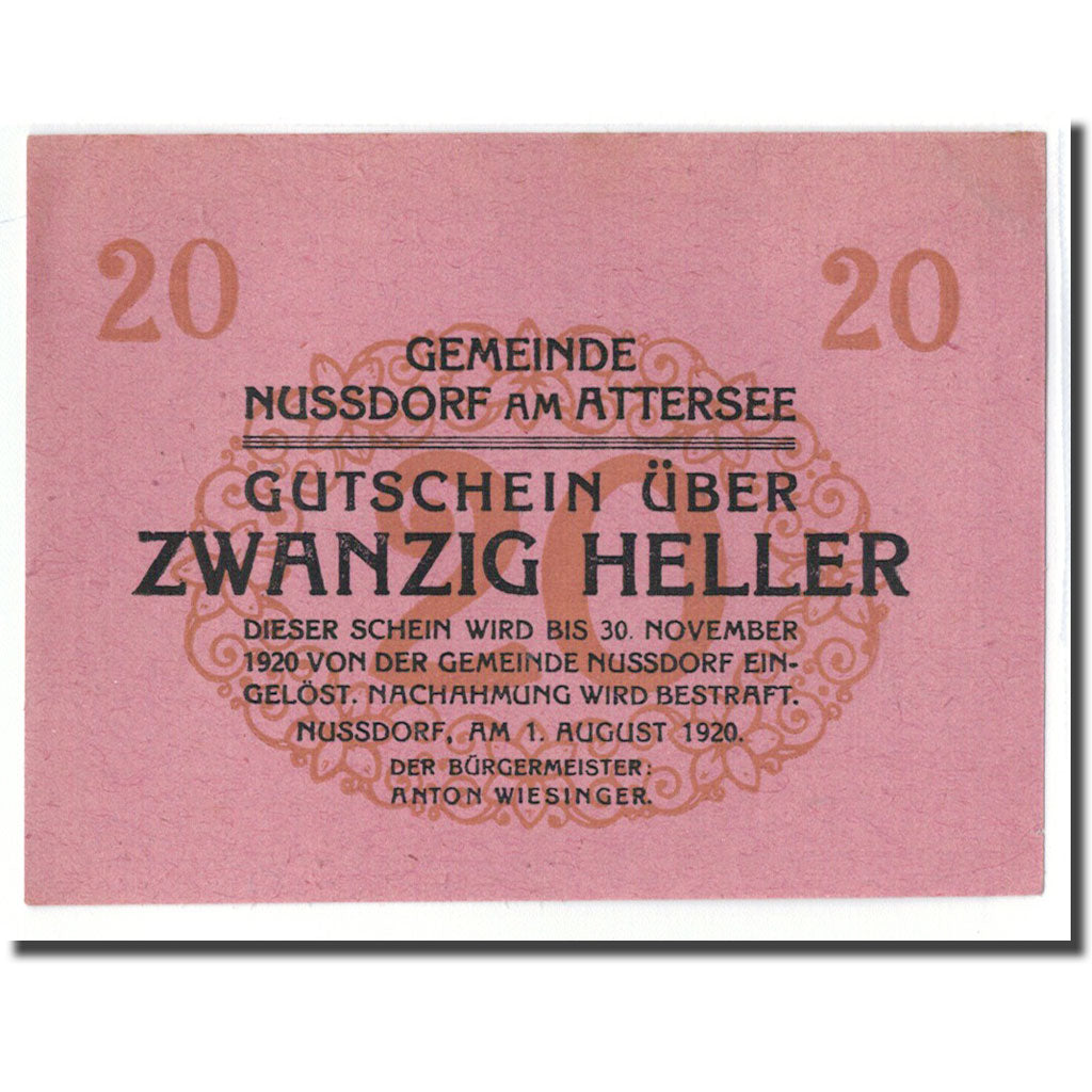 Banknot, Austria, Nussdorf am Attersee O.Ö. Gemeinde, 20 Heller, Eglise 1