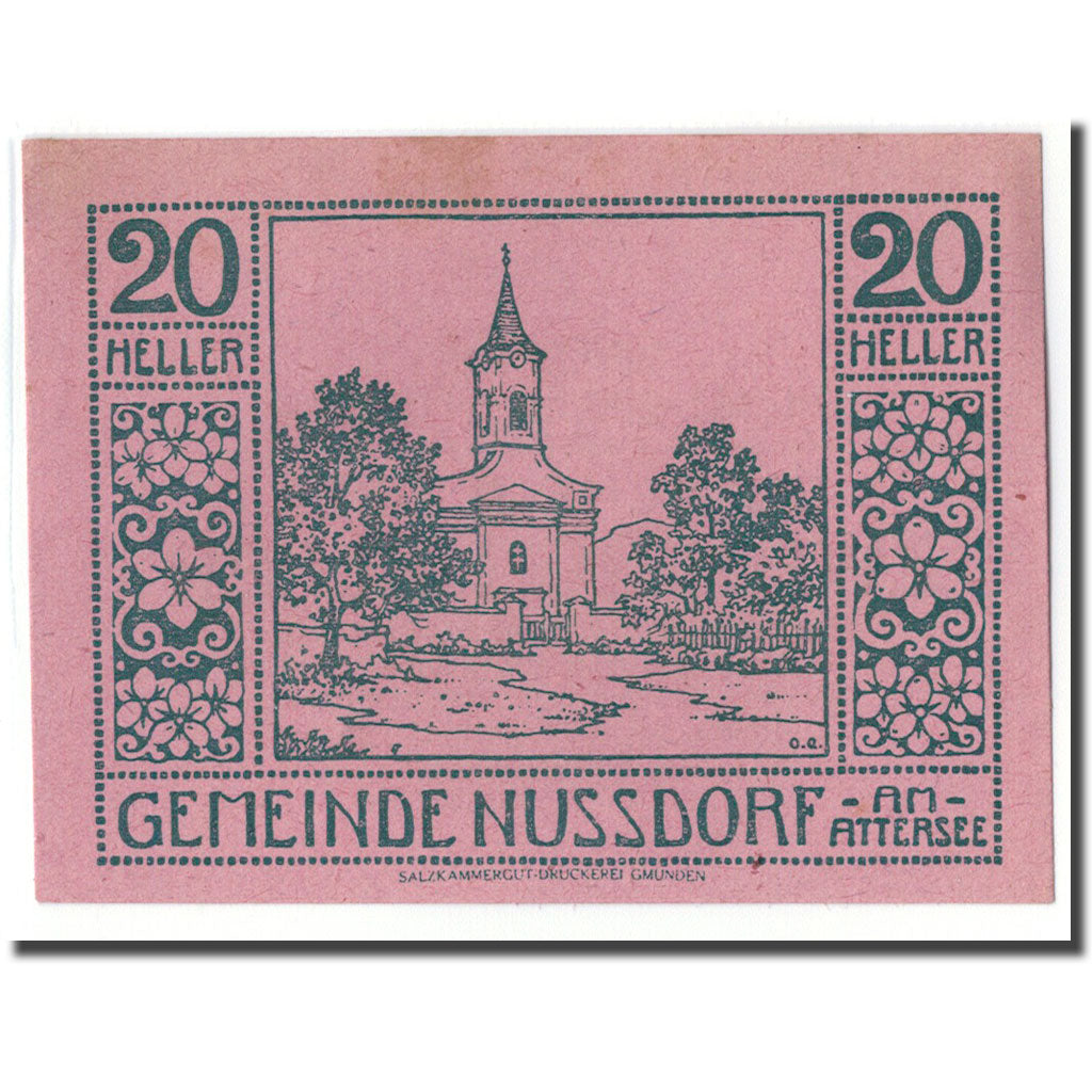 Banknot, Austria, Nussdorf am Attersee O.Ö. Gemeinde, 20 Heller, Eglise 1