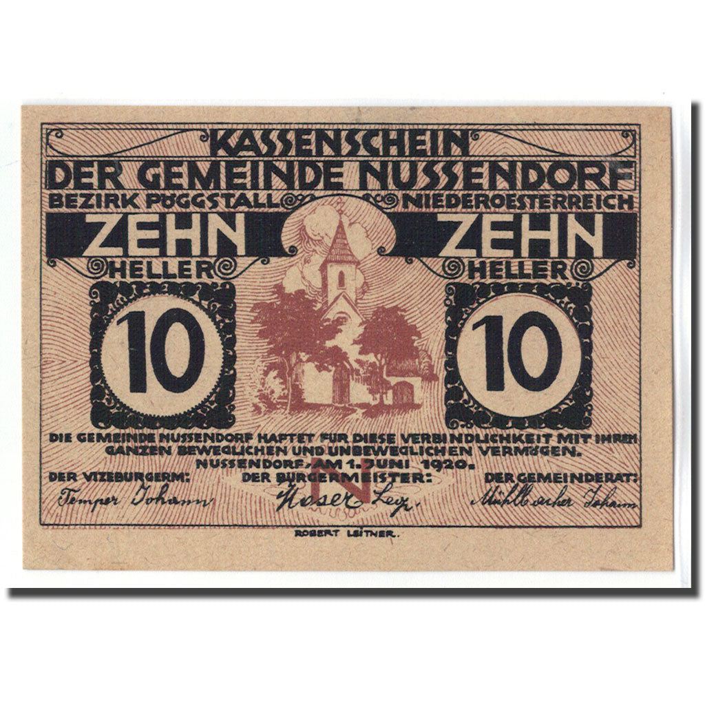 Banknot, Austria, Nussendorf - Artstetten N.Ö. Gemeinde, 10 Heller, Texte
