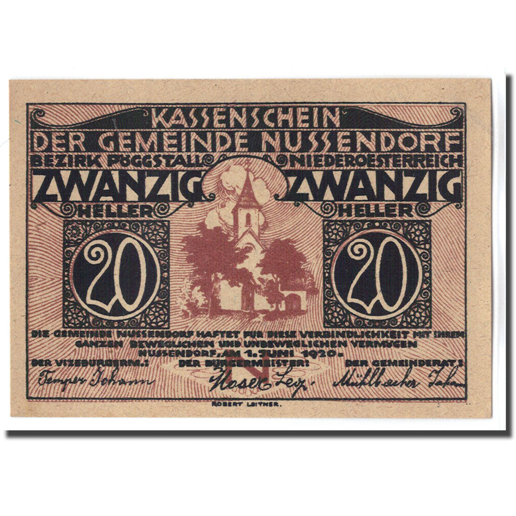 Banconote, Austria, Nussendorf - Artstetten N.Ö. Gemeinde, 20 Heller, texte 1