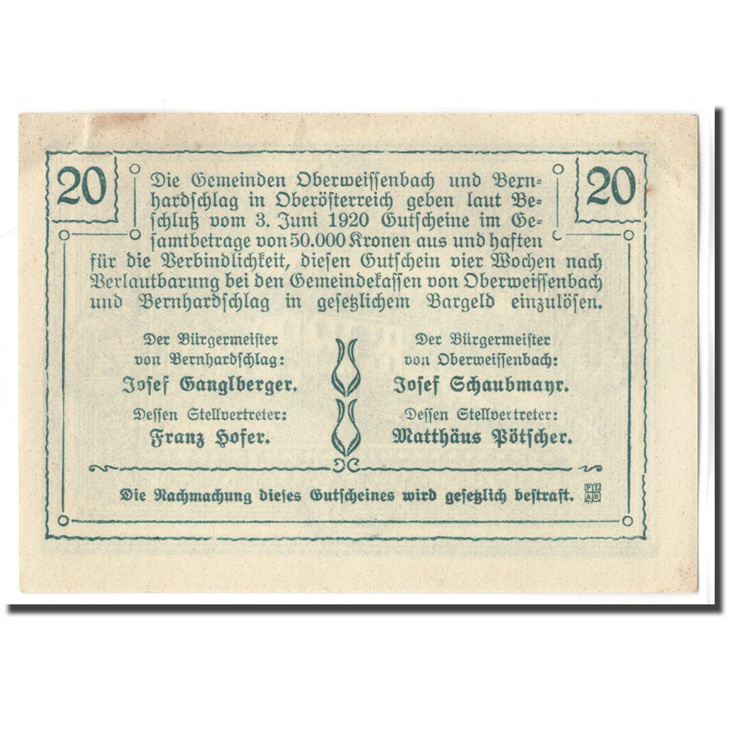 Geldschein, Österreich, Oberweissenbach, 20 Heller, paysage, 1920, 1920-06-03