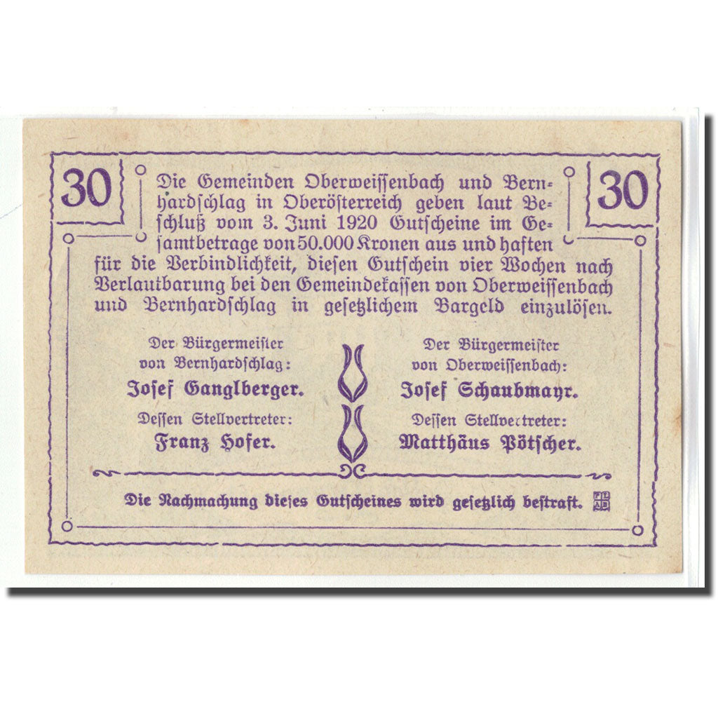 Banknot, Austria, Oberweissenbach, 30 Heller, paysage 1, 1920, 1920-06-03