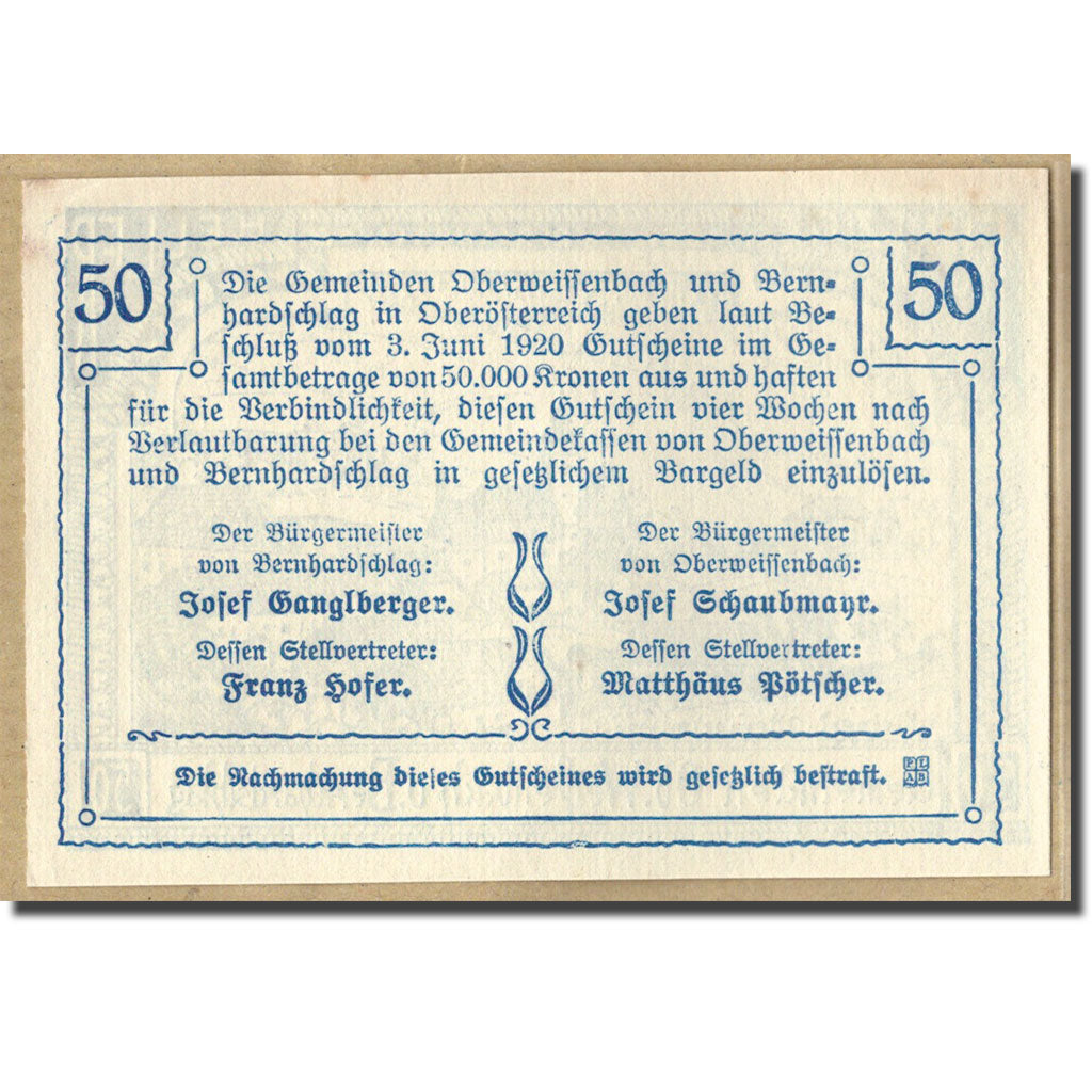Banknote, Austria, Oberweissenbach, 50 Heller, paysage 2, 1920, 1920-06-03