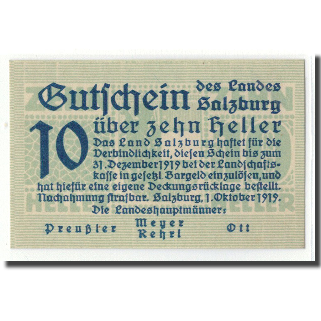 Banknote, Austria, Salzburg Sbg. Land, 10 Heller, N.D, 1919, 1919-10-01