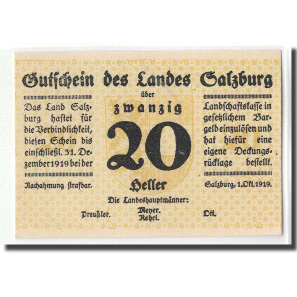 Banknote, Austria, Salzburg Sbg. Land, 20 Heller, N.D, 1919, 1919-10-01