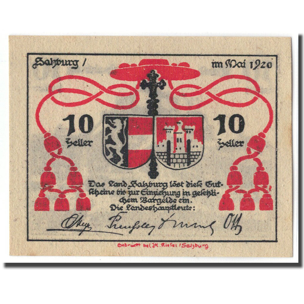 Banknote, Austria, Salzburg Sbg. Land, 10 Heller, paysage, 1920, UNC(63)