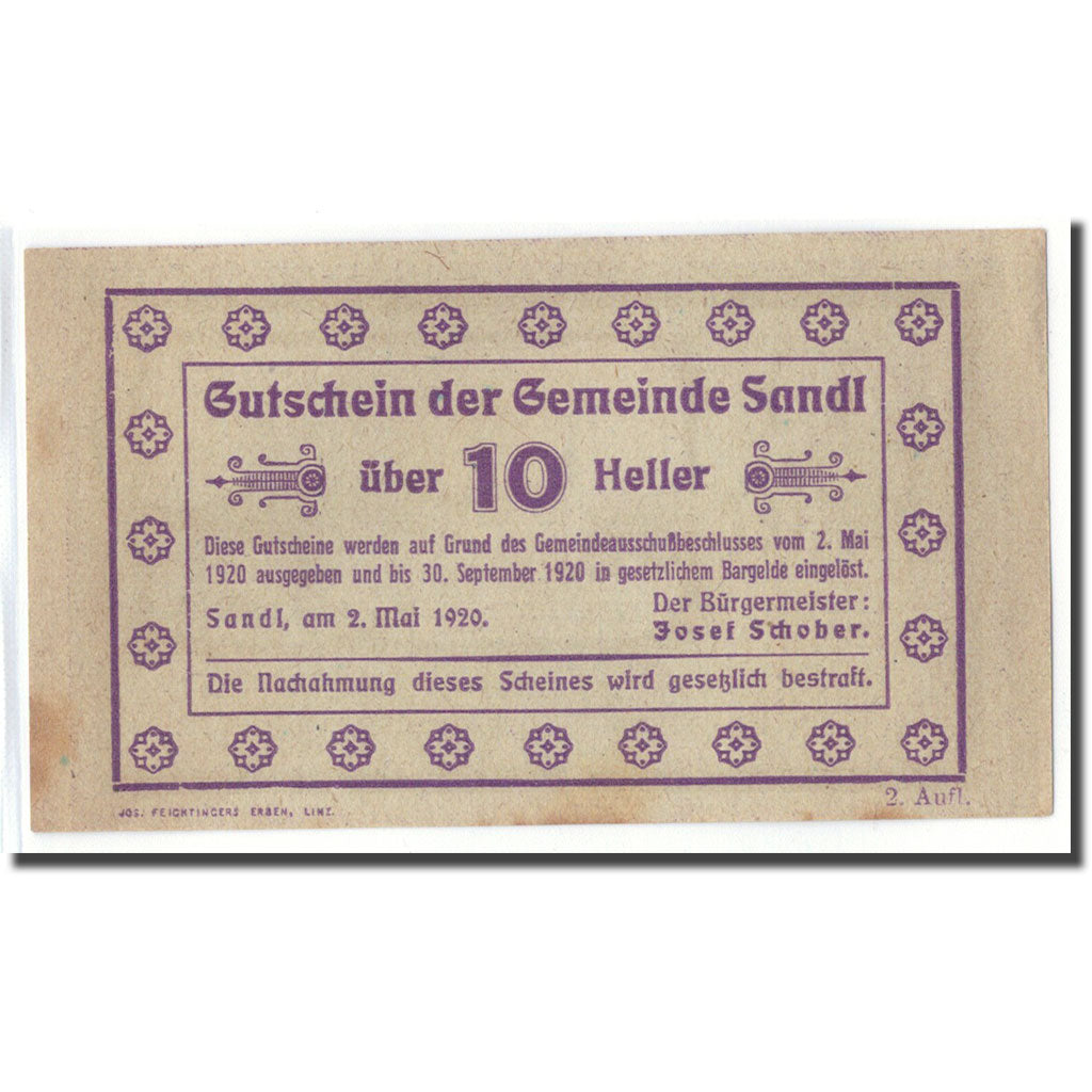 Banknot, Austria, Sandl O.Ö. Gemeinde, 10 Heller, Texte, 1920, 1920-05-02