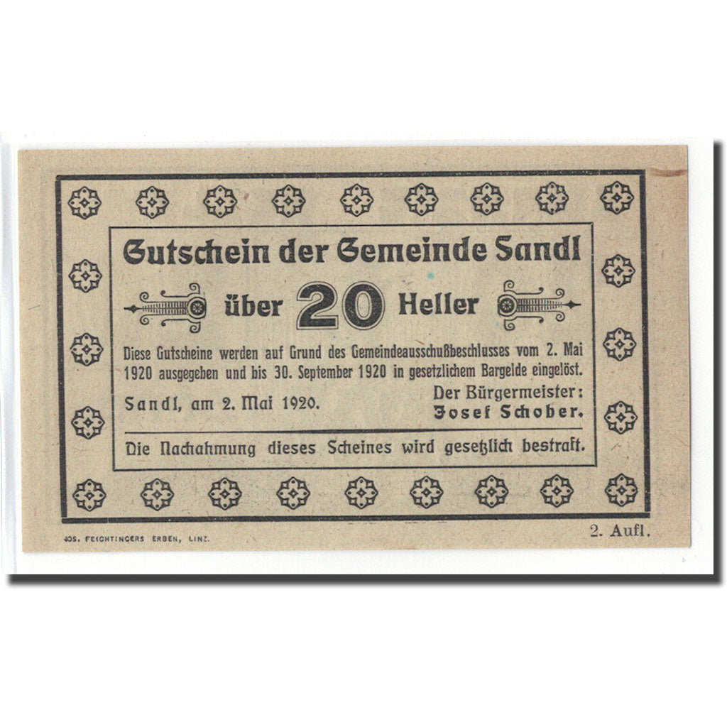 Billet, Autriche, Sandl O.Ö. Gemeinde, 20 Heller, texte 1, 1920, 1920-05-02