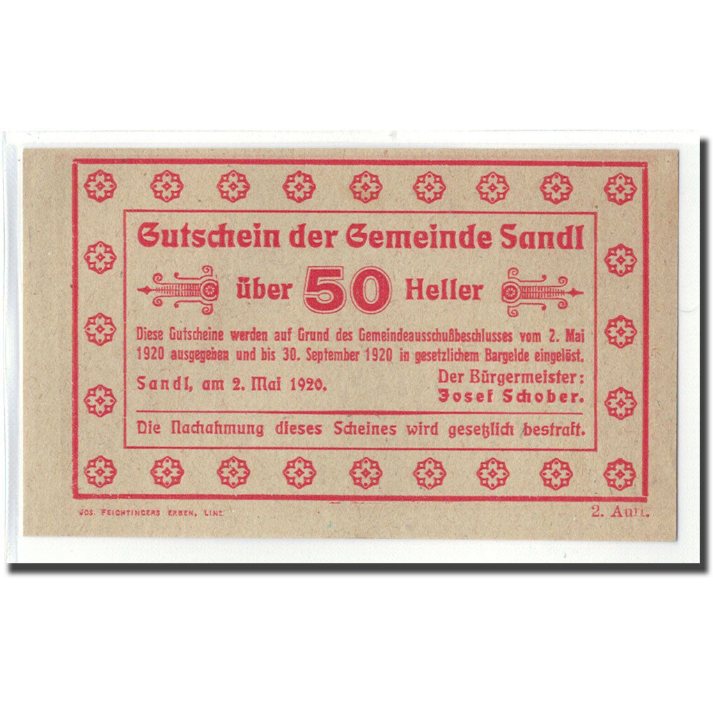Banknot, Austria, Sandl O.Ö. Gemeinde, 50 Heller, Texte 2, 1920, 1920-05-02