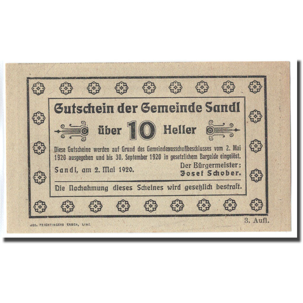Banknot, Austria, Sandl O.Ö. Gemeinde, 10 Heller, Texte 3, 1920, 1920-05-02