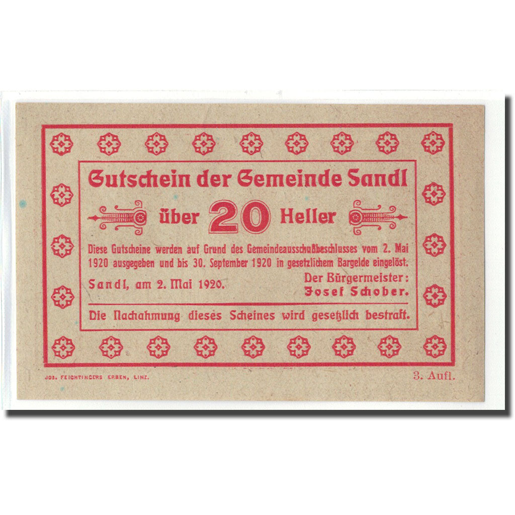 Banknot, Austria, Sandl O.Ö. Gemeinde, 20 Heller, Texte 4, 1920, 1920-05-02