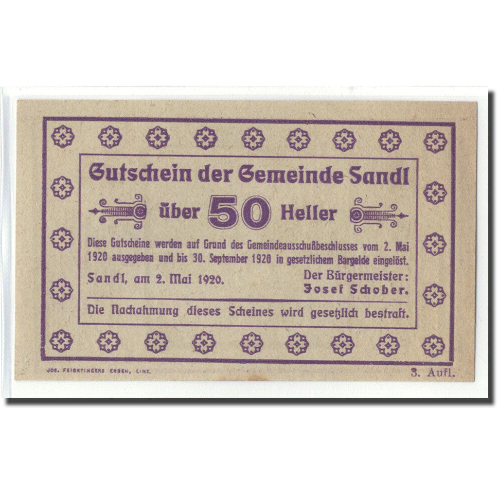 Banknot, Austria, Sandl O.Ö. Gemeinde, 50 Heller, Texte  5, 1920, 1920-05-02