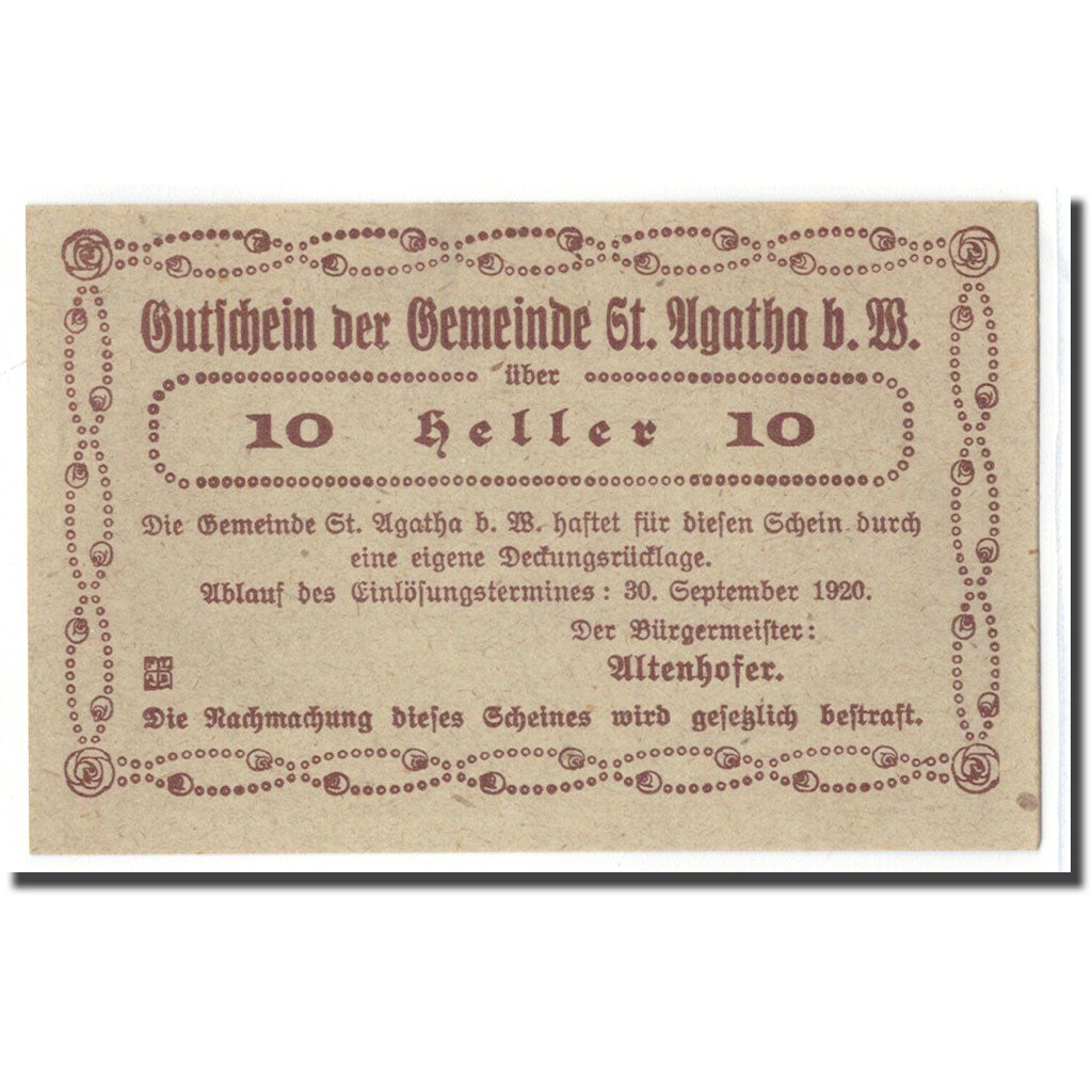 Banknot, Austria, St. Agatha Bei Weizenkirchen O.Ö. Gemeinde, 10 Heller