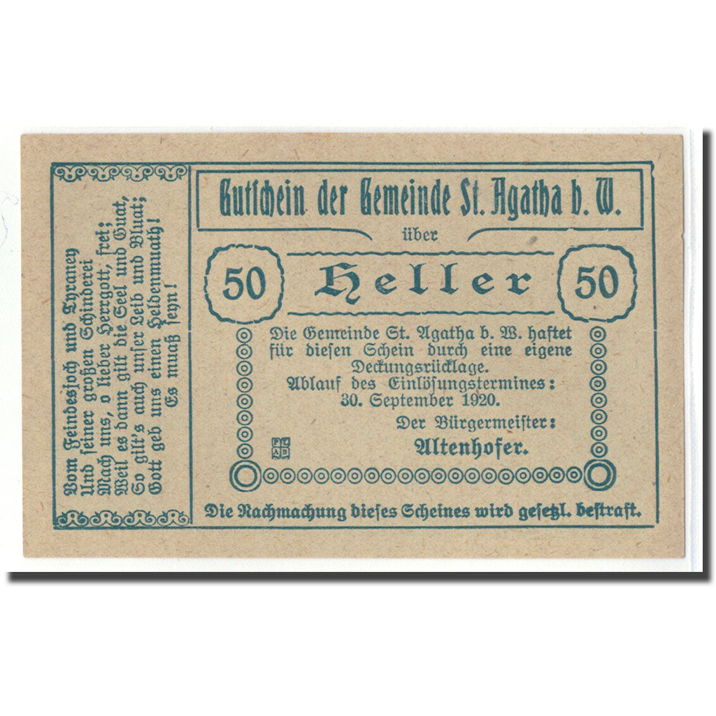 Banknote, Austria, St. Agatha Bei Weizenkirchen O.Ö. Gemeinde, 50 Heller