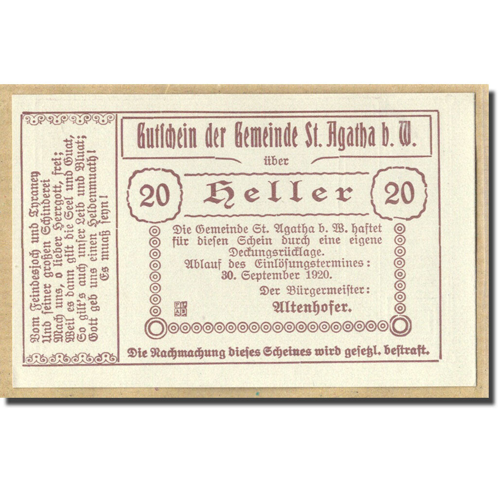Banknote, Austria, St. Agatha Bei Weizenkirchen O.Ö. Gemeinde, 20 Heller