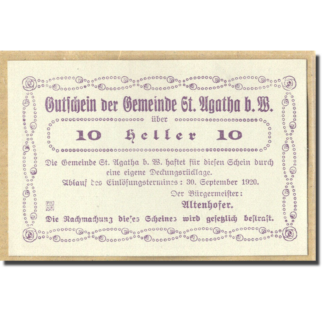 Banknote, Austria, St. Agatha Bei Weizenkirchen O.Ö. Gemeinde, 10 Heller