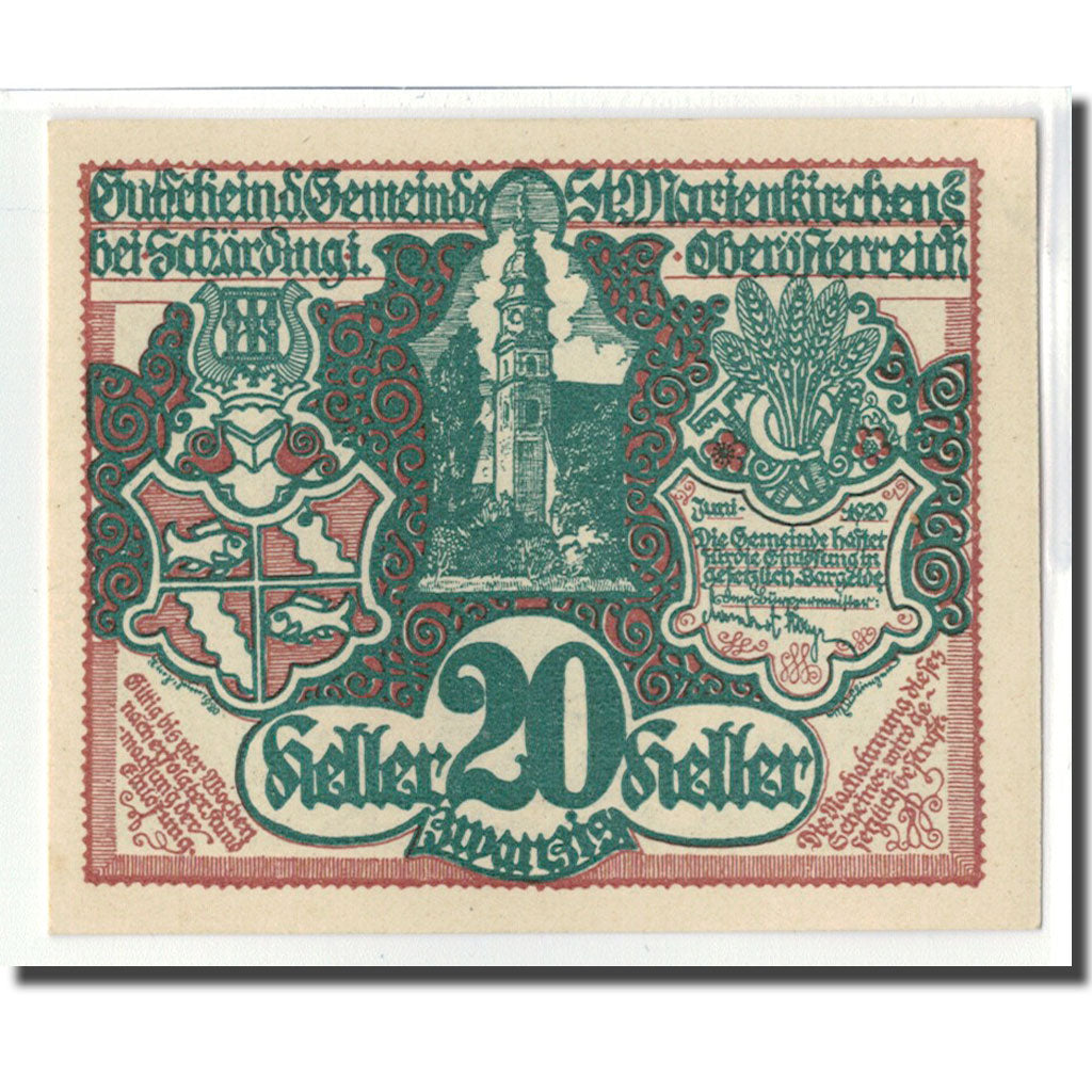 Banknot, Austria, St. Marienkirchen bei Schärding O.Ö. Gemeinde, 20 Heller