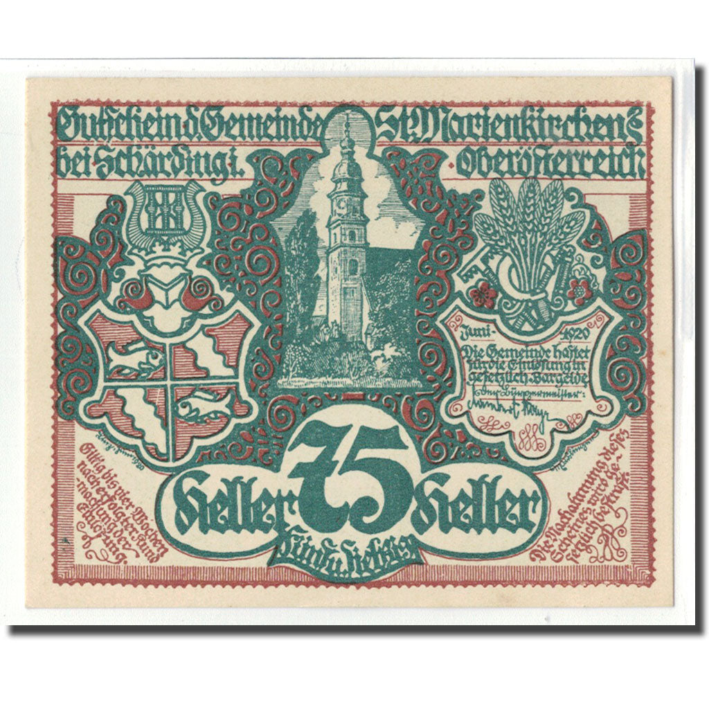 Banknote, Austria, St. Marienkirchen bei Schärding O.Ö. Gemeinde, 75 Heller