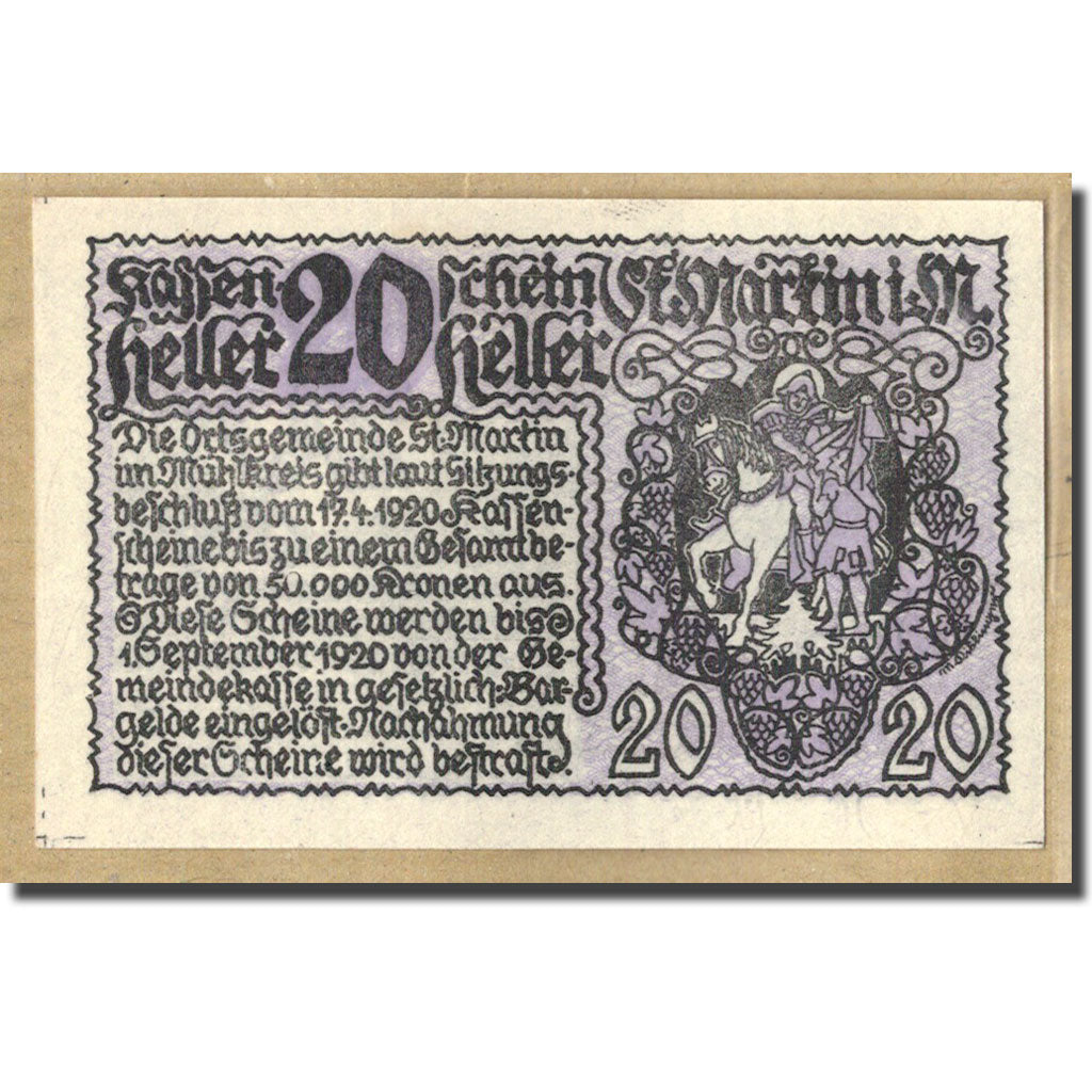 Geldschein, Österreich, St. Martin im Mühlkreis O.Ö. Gemeinde, 20 Heller