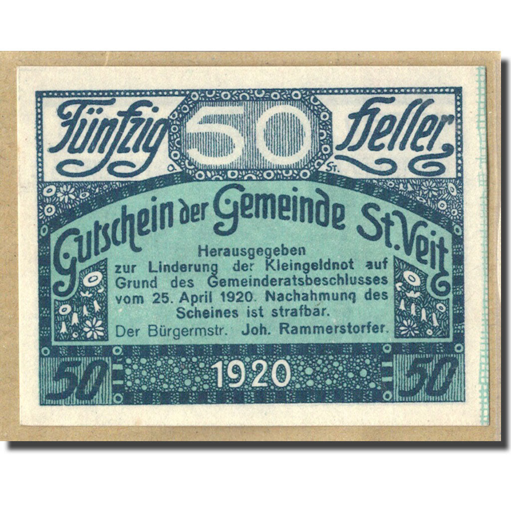 Geldschein, Österreich, St. Veit im Mühlkreis O.Ö. Gemeinde, 50 Heller