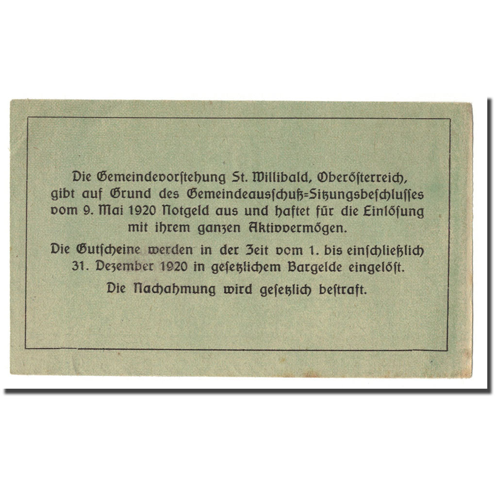 Geldschein, Österreich, St. Willibald O.Ö. Gemeinde, 10 Heller, Texte, 1920
