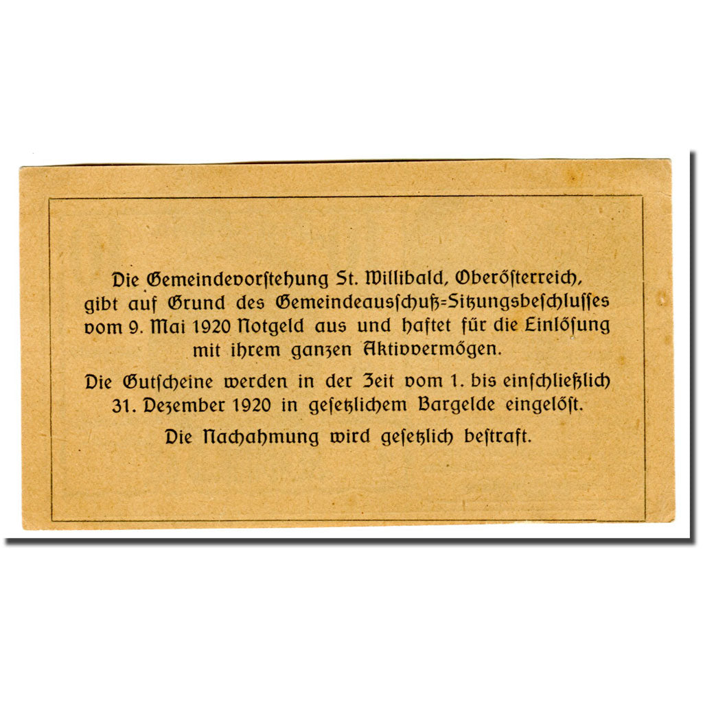 Geldschein, Österreich, St. Willibald O.Ö. Gemeinde, 10 Heller, texte 1, 1920